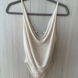 Zara Ivory Satin Drape Bodysuit – Size S